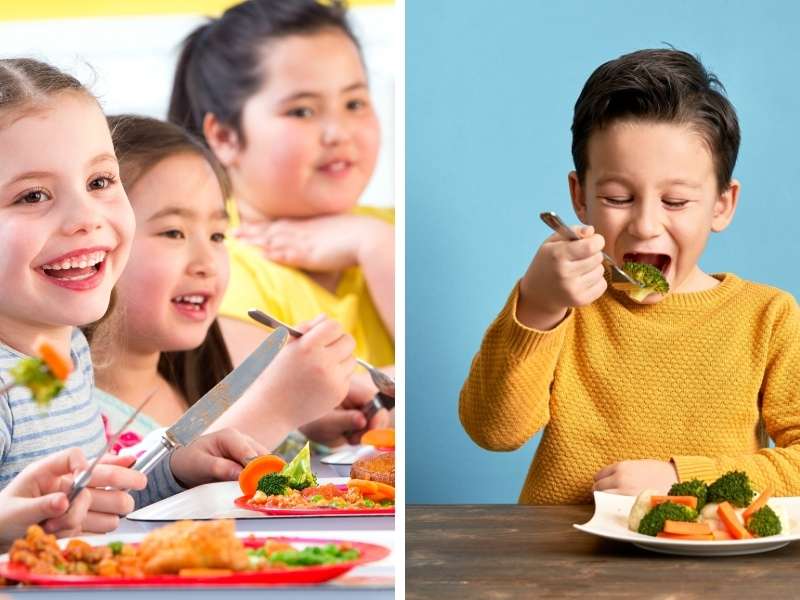 Crianças comendo alimentos saudáveis na escola e em casa.